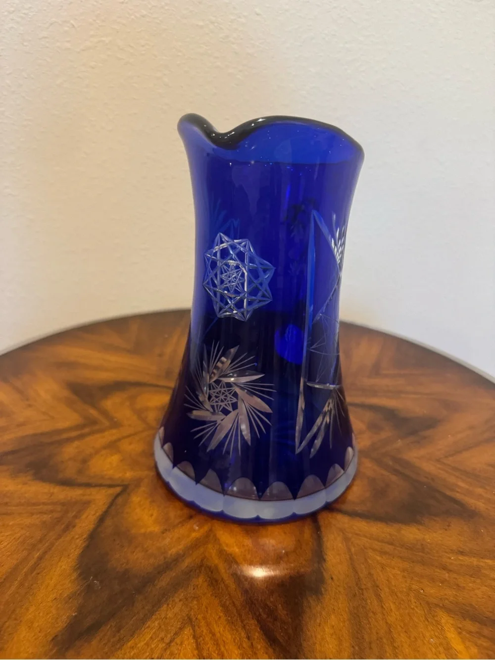 Mid-Century Cobalt Cut To Clear Glass Pitcher 9”